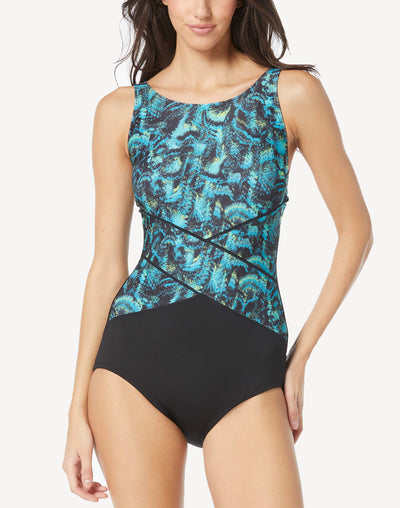 Abstract Bloom C Cup High Neck Polyester One Piece#color_abstract-bloom-black