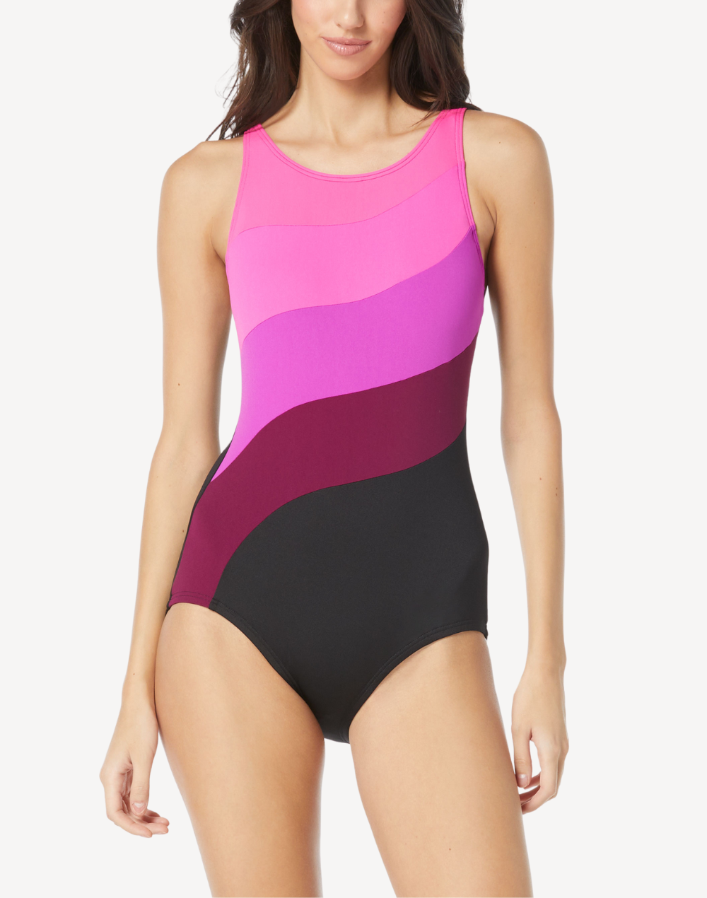 Colour Blocked Wave High Neck Polyester One Piece