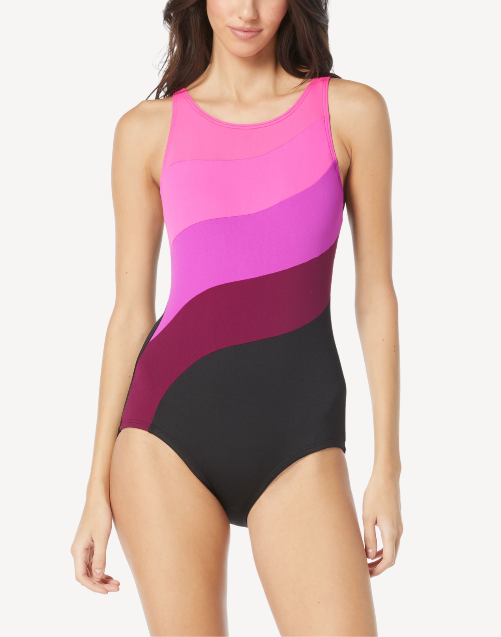 Colour Blocked Wave High Neck Polyester One Piece#color_colour-blocked-wave-plum