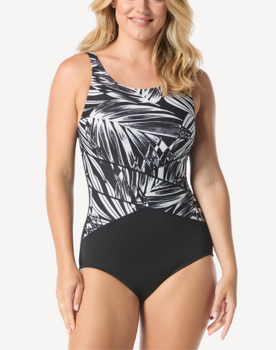 Palm Beach High Neck Polyester One Piece Swimsuit#color_palm-beach-black-white