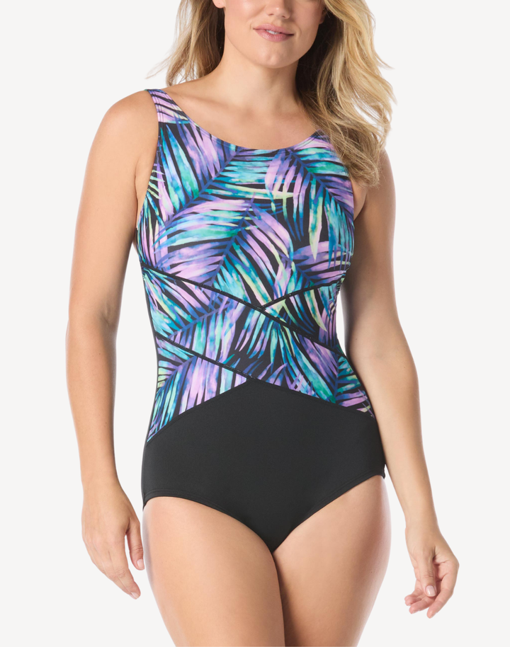 Paradise Palm Polyester High Neck One Piece Swimsuit
