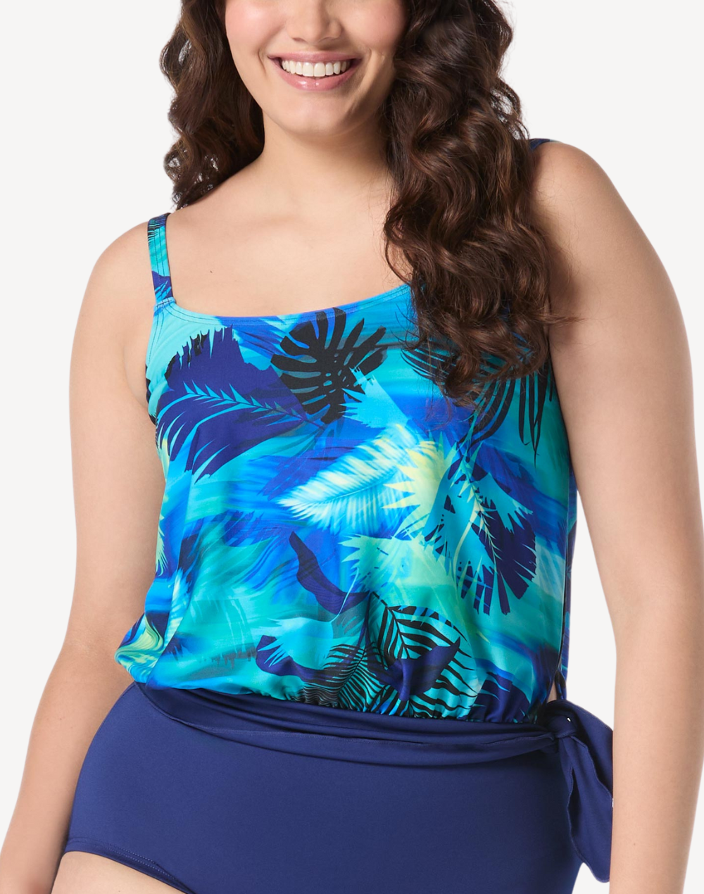 Tropic Oasis Polyester Blouson Tankini Top#color_tropic-ocean-navy