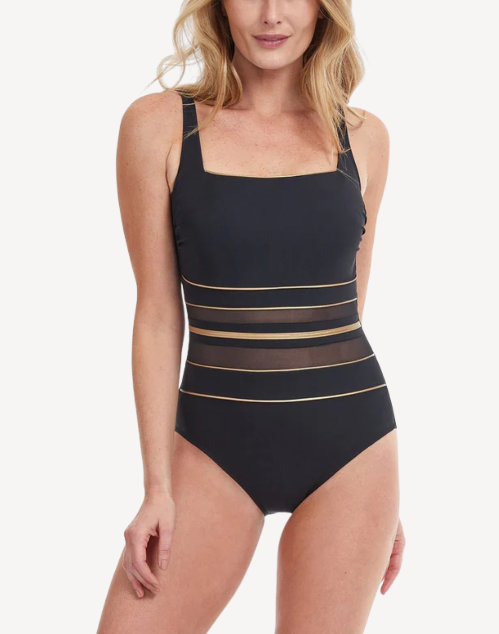 Onyx Sqaure Neck One Piece Swimsuit#color_onyx-black-gold
