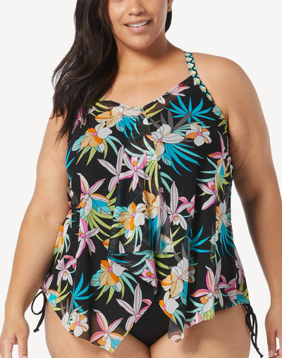 Tropic Bloom Kerry Mesh Plus Size Tankini Top#color_tropic-bloom-black