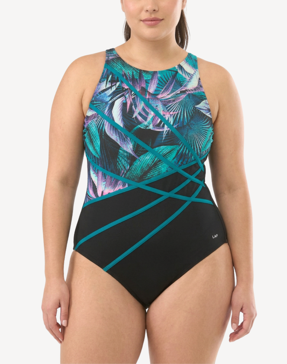 Frond Frequency Polyester High Neck Plus Size One Piece Swimsuit
