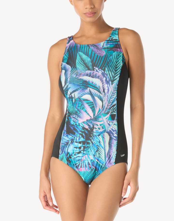 Frond Frequency Polyester Scoop Neck One Piece Swimsuit