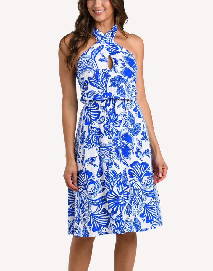 Botanical Brocade Knotted Halter Midi Dress