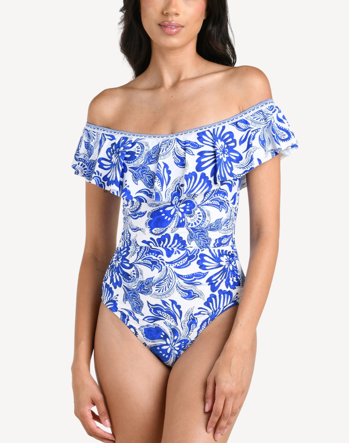 Botanical Brocade Off The Shoulder Ruffle One Piece Swimsuit