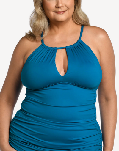 Island Goddess High Neck Keyhole Plus Size Tankini Top#color_island-ocean-blue