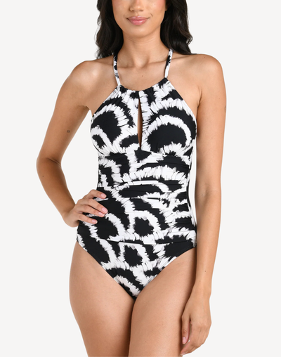 Woven Shadows High Neck Keyhole One Piece Swimsuit#color_woven-shadows-black