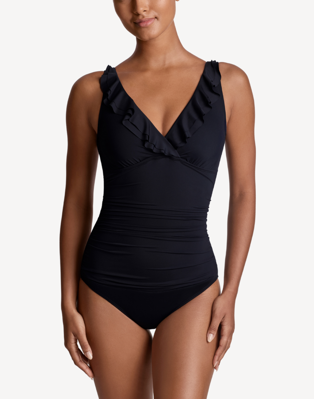 Beach Club Solids Ruffle Underwire One Piece Swimsuit#color_black
