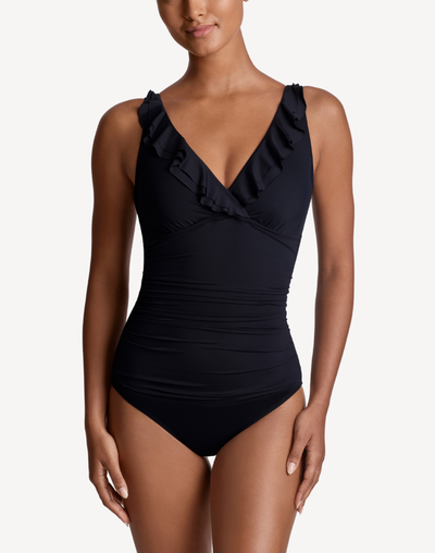 Beach Club Solids Ruffle Underwire One Piece Swimsuit#color_black