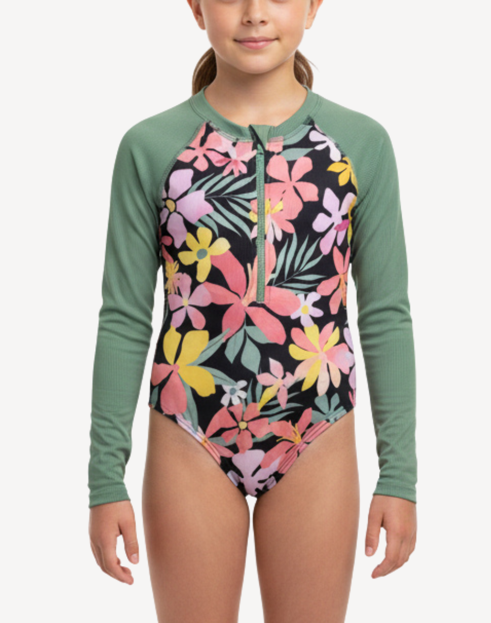 Girls Breezy Bay UPF 50 Long Sleeve Paddle Suit#color_breezy-black-flowers