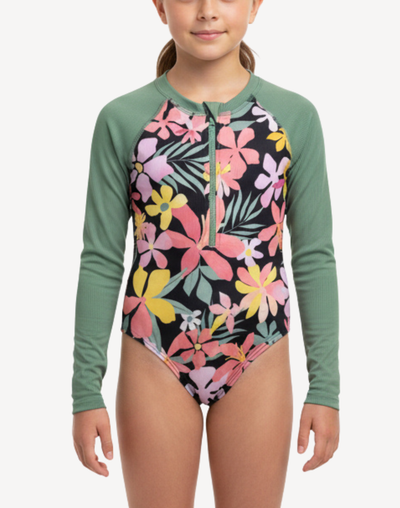 Girls Breezy Bay UPF 50 Long Sleeve Paddle Suit#color_breezy-black-flowers