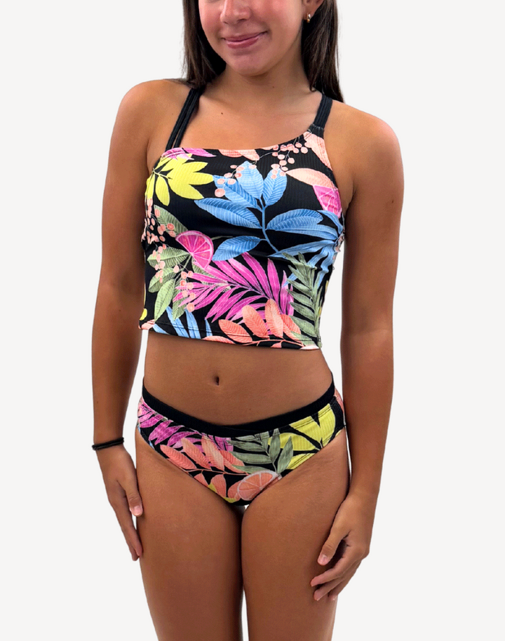 Girls Summer Leaves One Shoulder Tankini Set