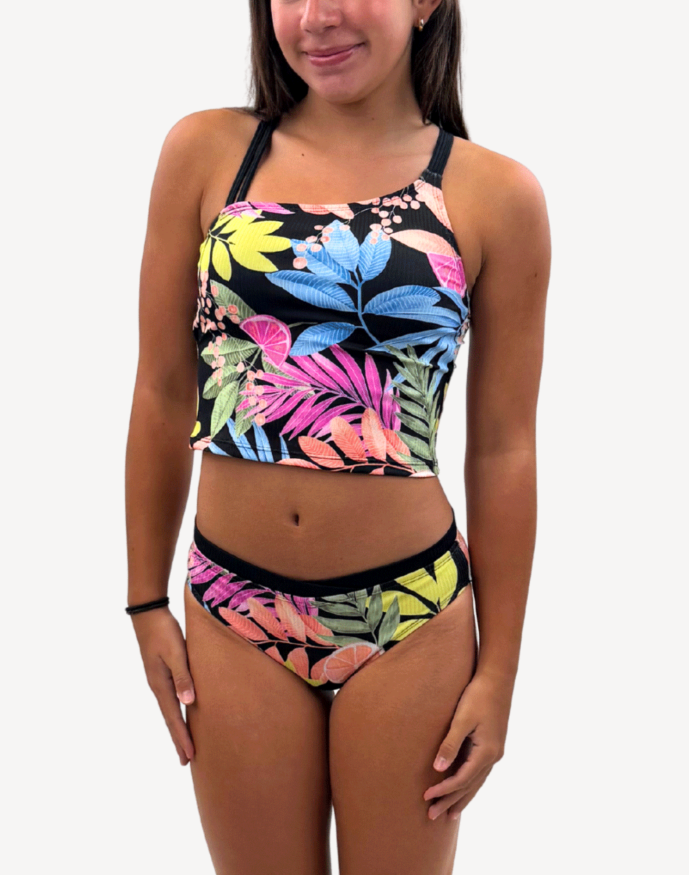 Girls Summer Leaves One Shoulder Tankini Set#color_summer-leaves-black