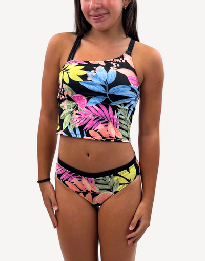 Girls Summer Leaves One Shoulder Tankini Set#color_summer-leaves-black