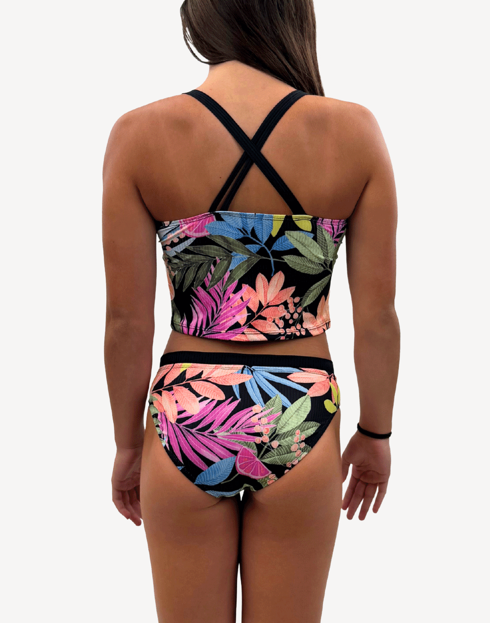 Girls Summer Leaves One Shoulder Tankini Set#color_summer-leaves-black