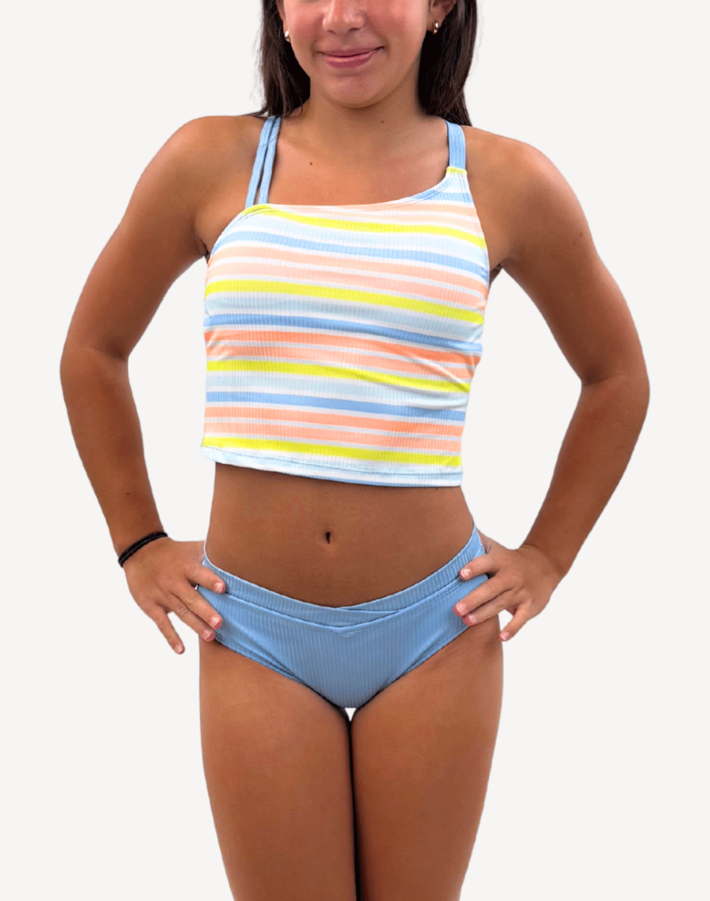 Girls Summer Stripes One Shoulder Tankini Set