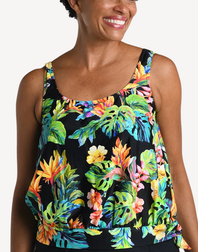 Oahu Oasis Banded Scoop Blouson Tankini Top#color_oahu-oasis-black