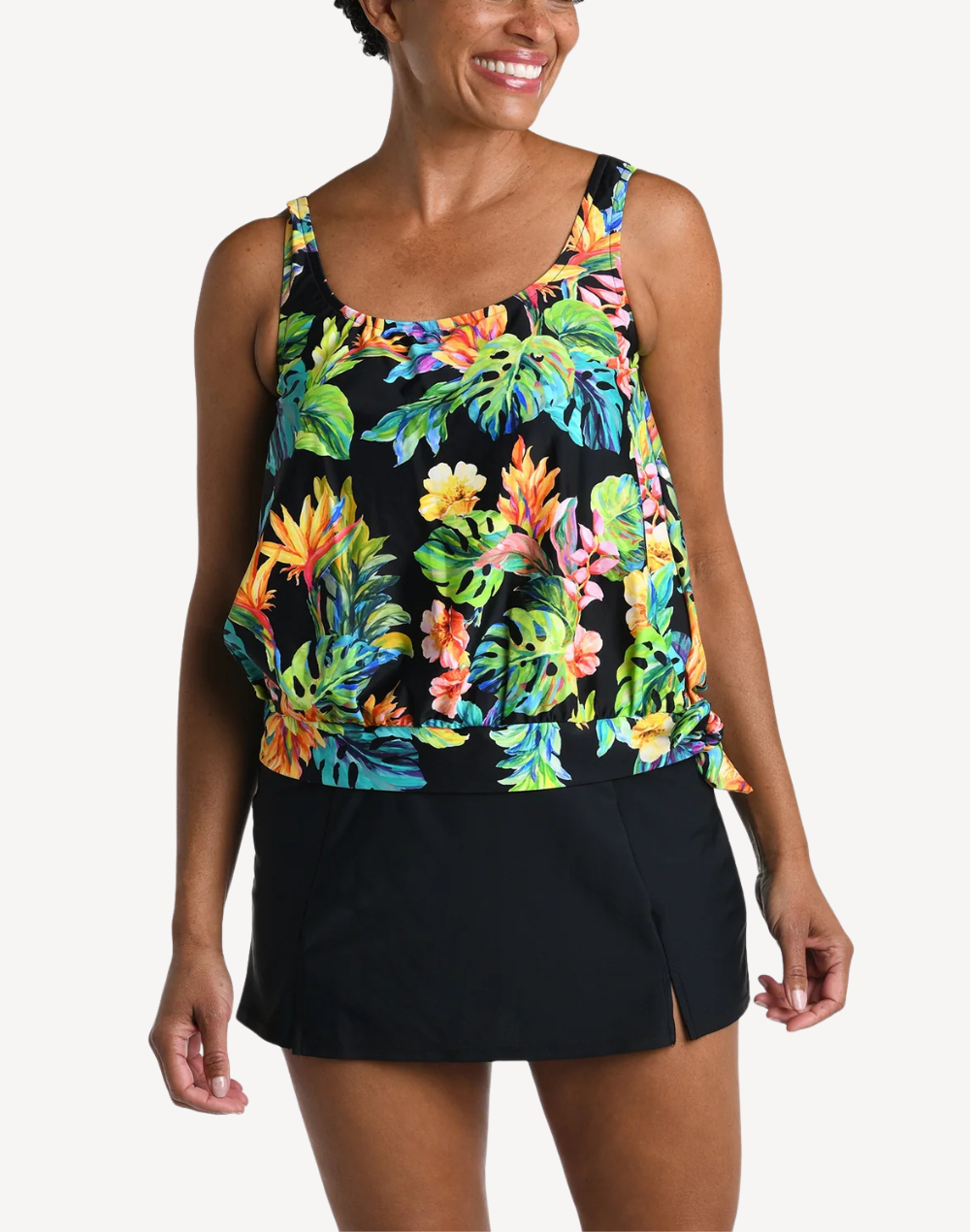 Oahu Oasis Banded Scoop Blouson Tankini Top#color_oahu-oasis-black