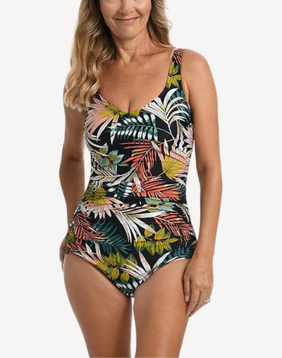 Palms And Fronds Shirred Girl Leg One Piece Swimsuit#color_palms-multi