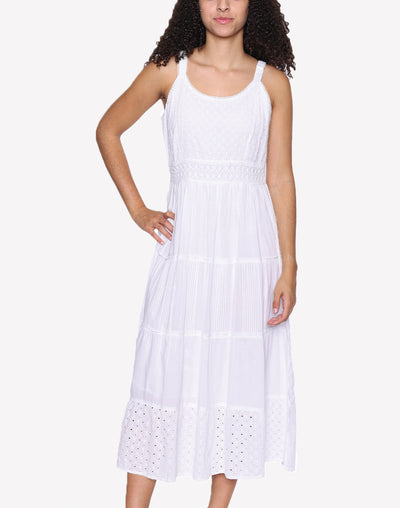 Tiered Eyelet Lace Midi Dress#color_white