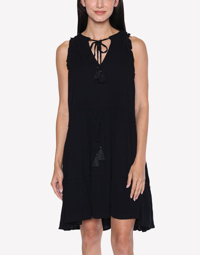Solid Drawstring Short Dress#color_black