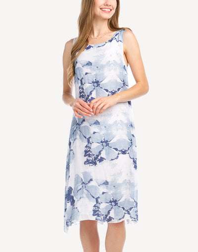Floral Burst Linen Short Dress#color_floral-white-blue