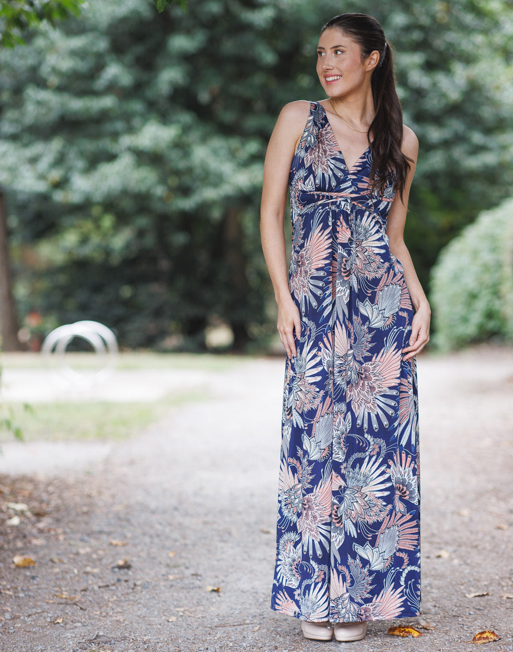 Butterfly Floral Grecian Maxi Dress#color_butterfly-navy-pink
