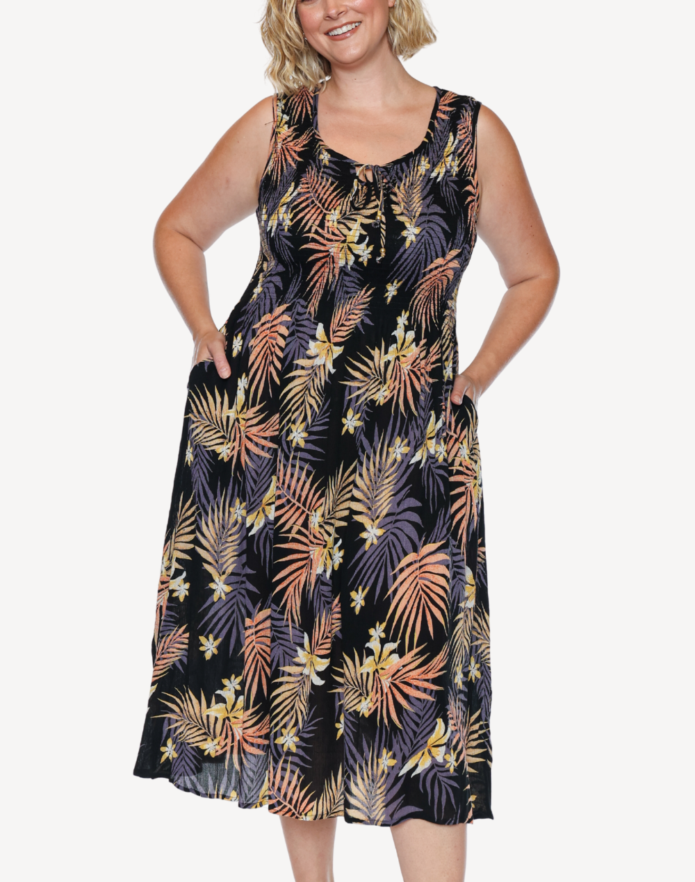 Smocked Print Midi Dress