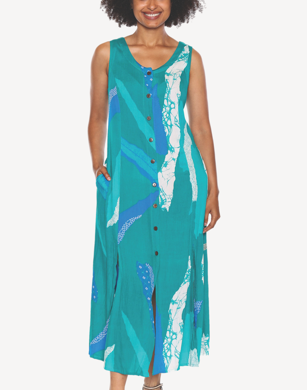 Full Button Front Maxi Dress#color_abstract-aqua-multi