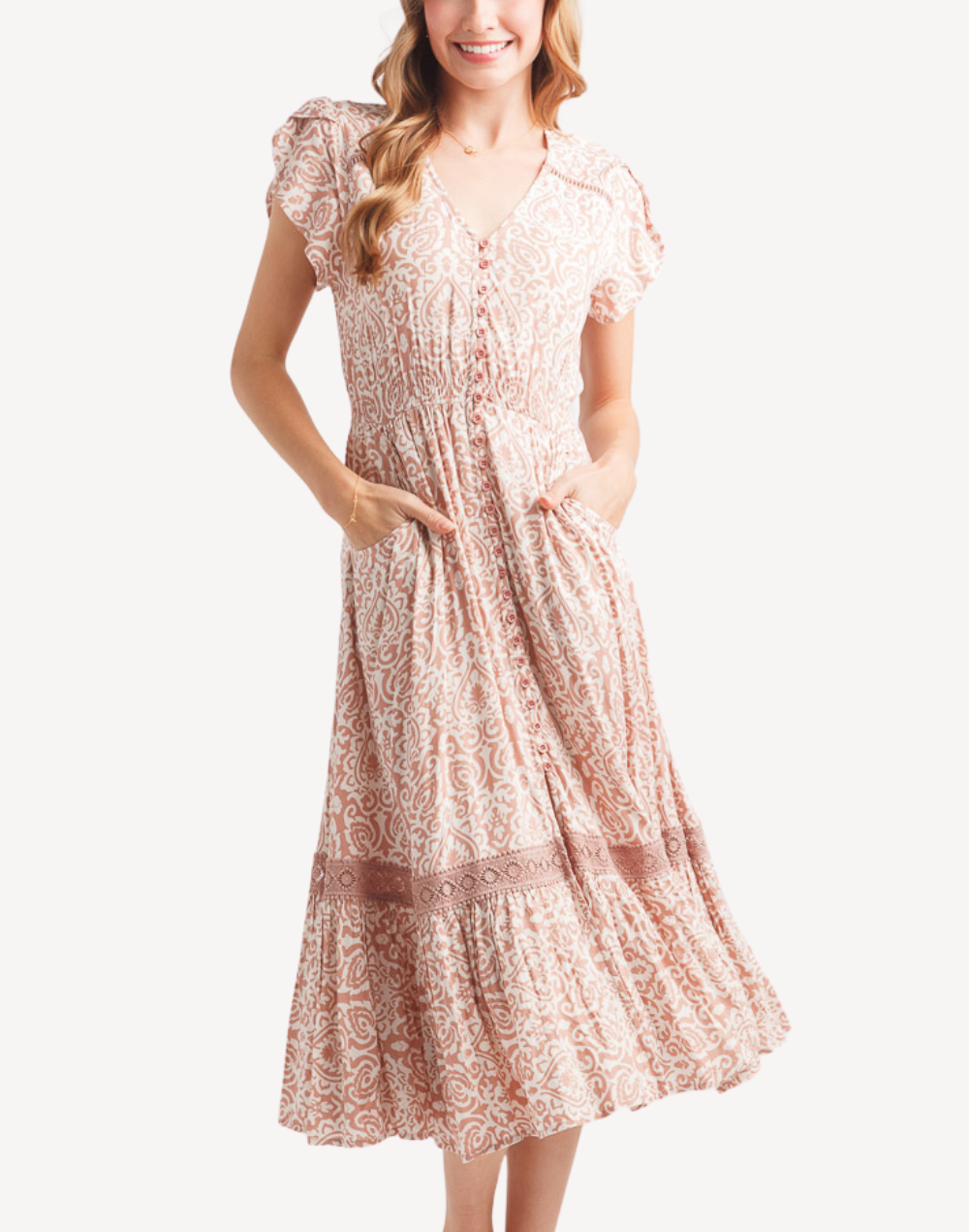 Damask Ruffle Hem Midi Dress