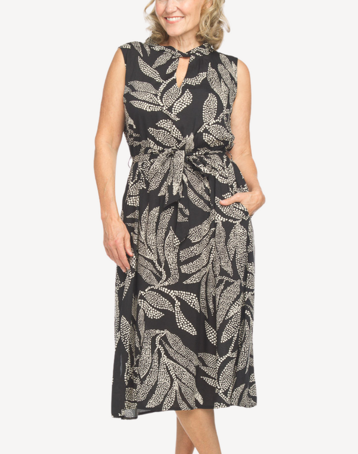 Dot Leaves Belted Midi Dress