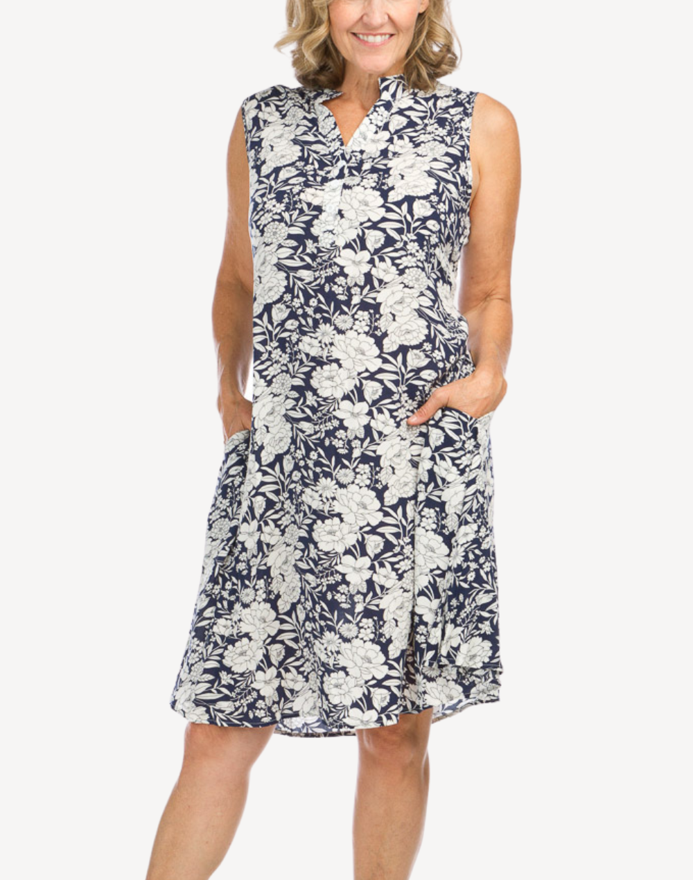 Floral Henley Dress#color_floral-navy-white