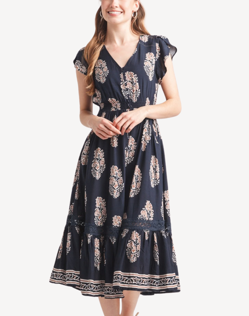 Leaves Border Ruffle Hem Maxi Dress