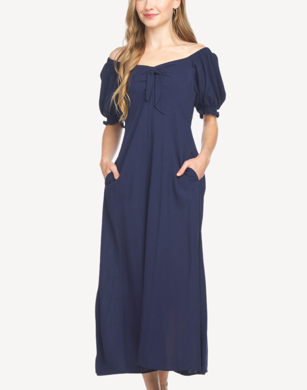 Puffed Sleeve Tie Front Maxi Dress