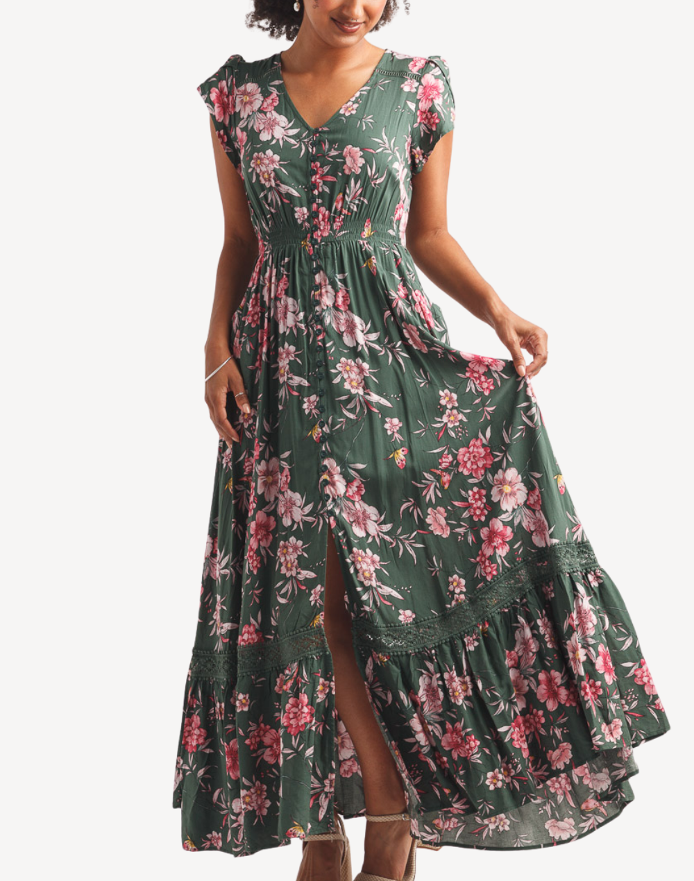 Rosewood Floral Ruffle Hem Maxi Dress