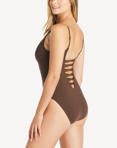 Paradise Found Lace Down One Piece#color_paradise-dark-chocolate