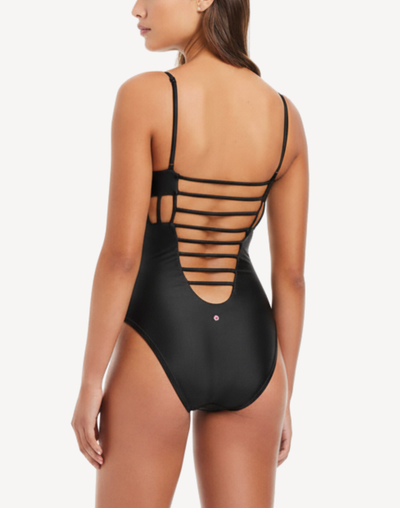 Shine Solid Cross Side Cut Out One Piece Swimsuit#color_shine-black