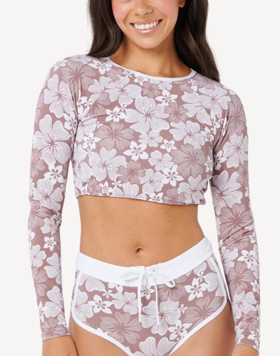 Aloha State Crop Long Sleeve Bikini Top#color_aloha-brown