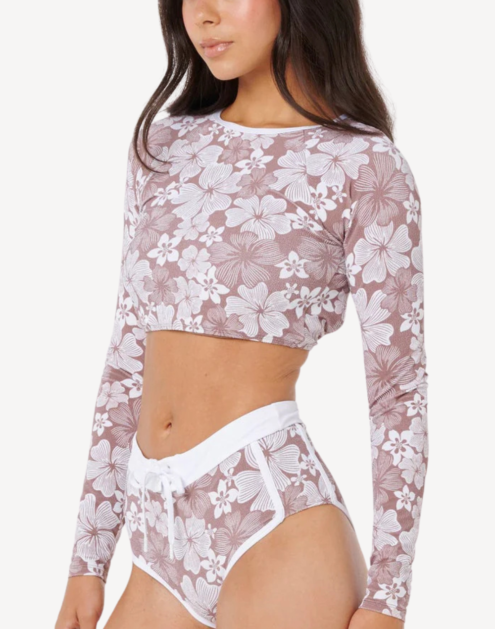 Aloha State Crop Long Sleeve Bikini Top#color_aloha-brown