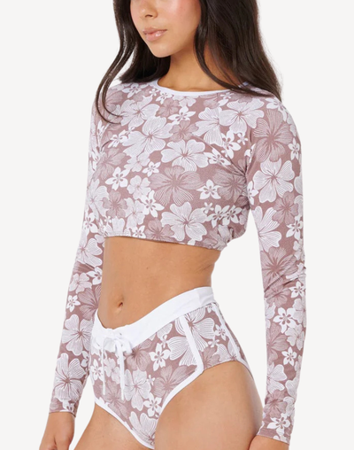 Aloha State Crop Long Sleeve Bikini Top#color_aloha-brown