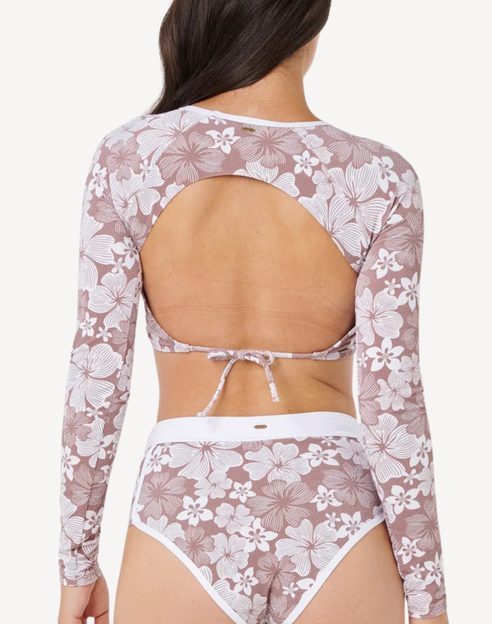 Aloha State Crop Long Sleeve Bikini Top#color_aloha-brown