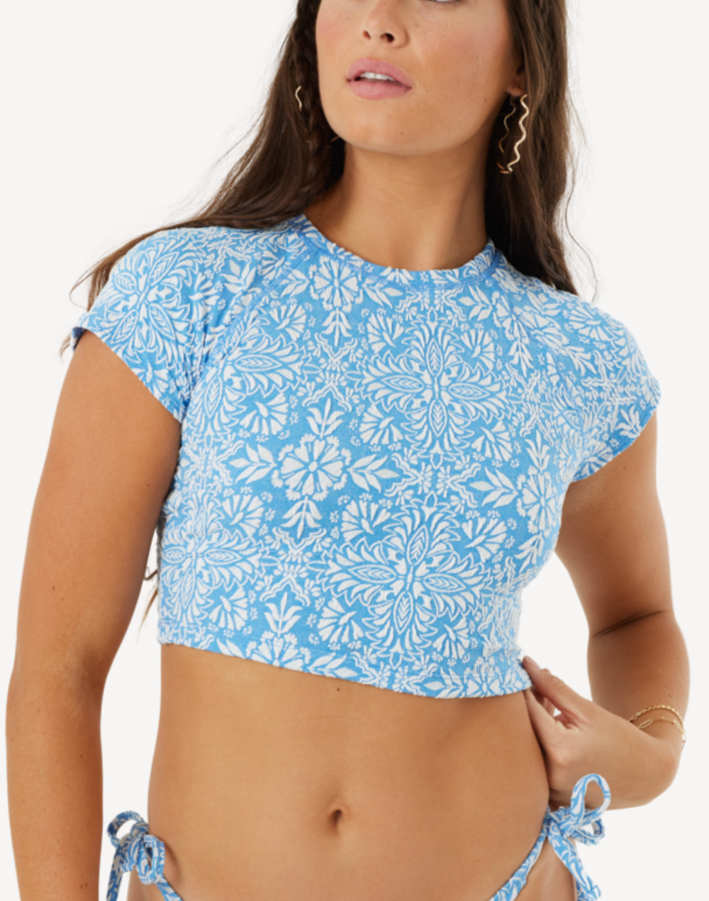 Tile Tranquility Crop Short Sleeve Bikini Top#color_tile-tranquility-blue