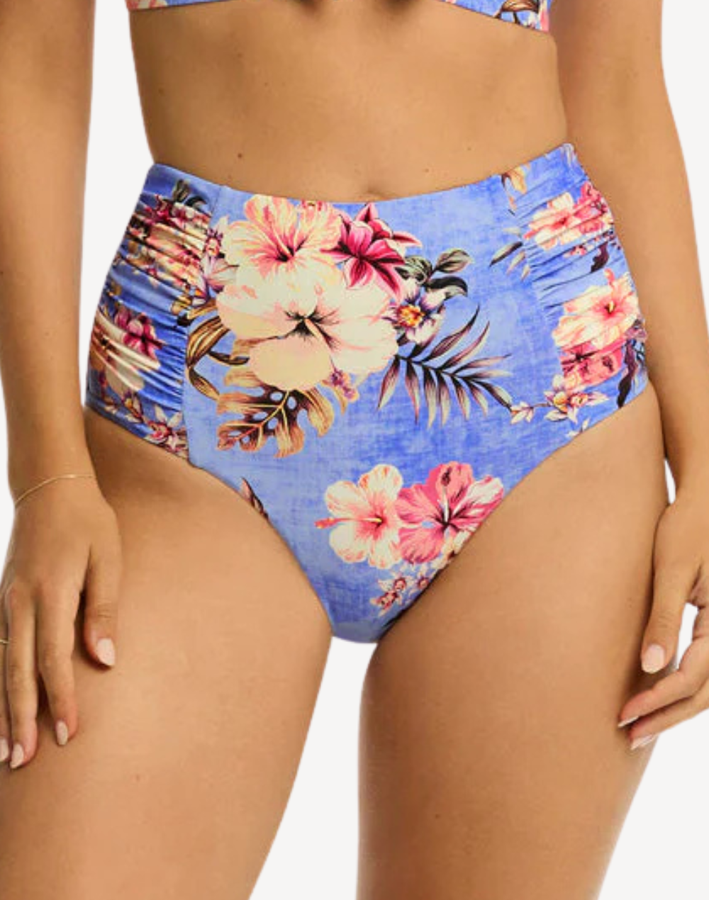 Blue Hawaii High Waist Gathered Bikini Bottom#color_blue-hawaii-iris