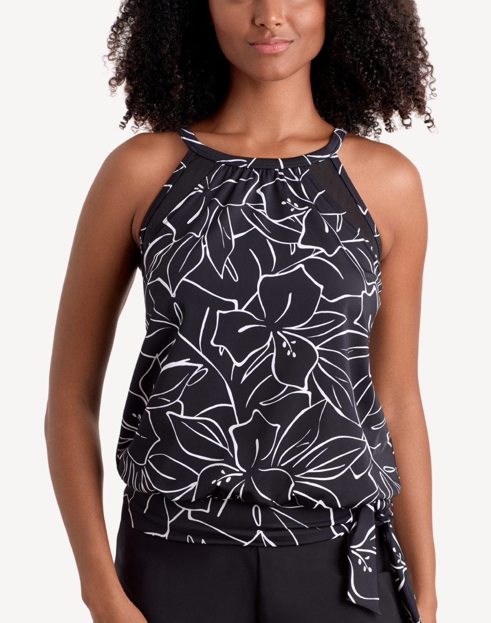 Floraline High Neck Blouson Tankini Top#color_floraline-black-white