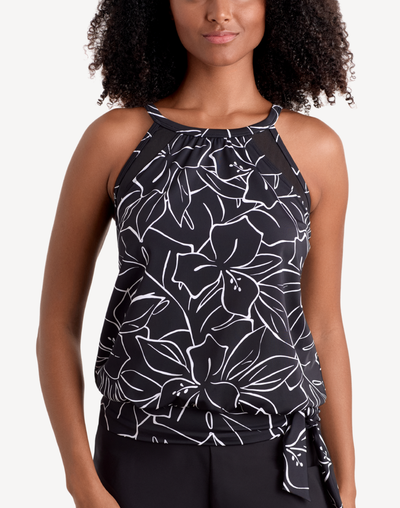 Floraline High Neck Blouson Tankini Top#color_floraline-black-white