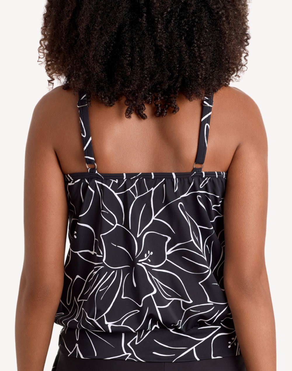 Floraline High Neck Blouson Tankini Top#color_floraline-black-white