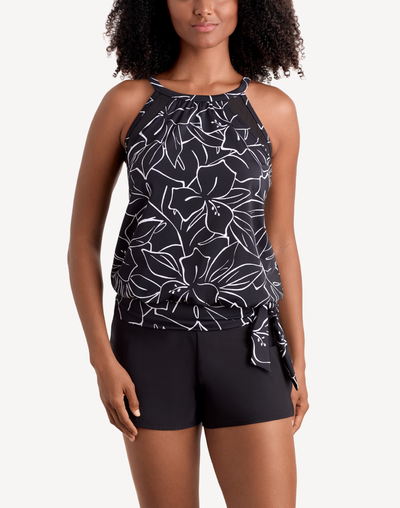 Floraline High Neck Blouson Tankini Top#color_floraline-black-white